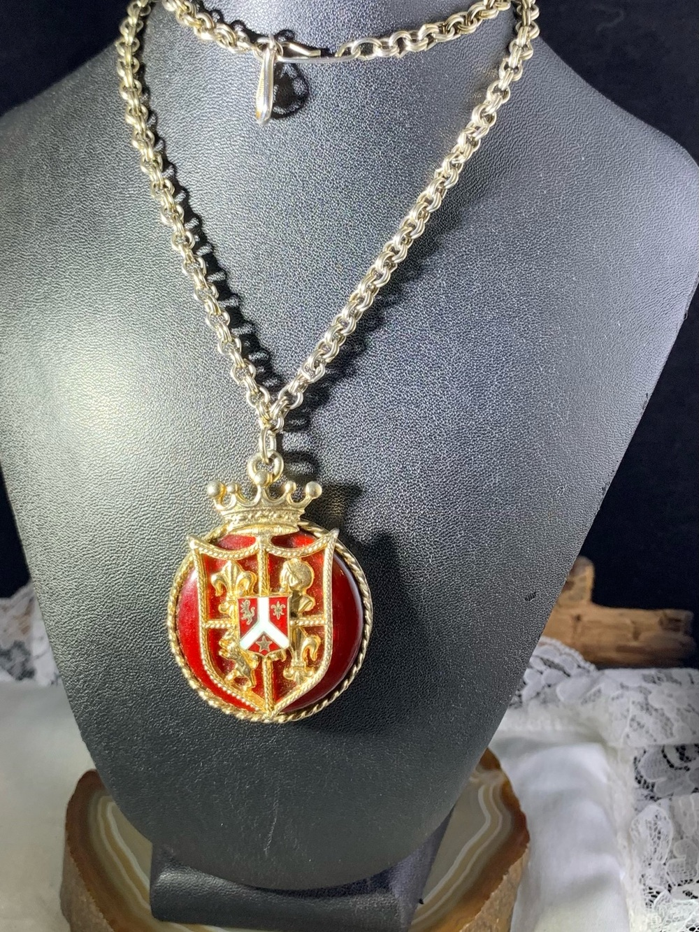 Coro Pegasus Vintage Crest Pendant Necklace with Red Enamel -